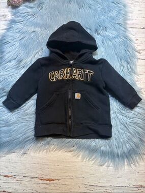 Carhartt Kids Navy Zip-Up Hoodie with Gold-Trim Logo Sz 12M